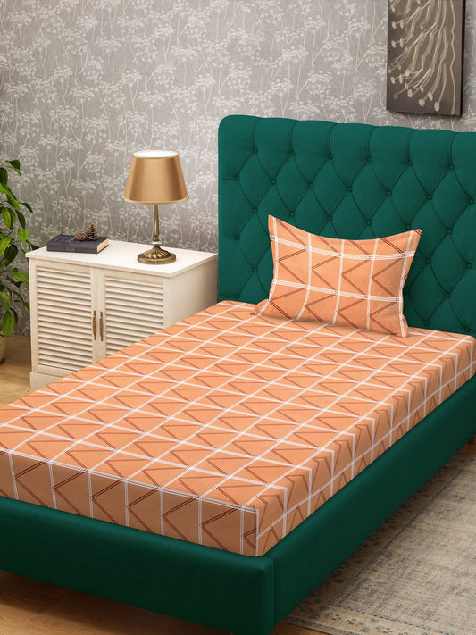 Orange Geometric 300 TC Cotton Blend Fitted Single Bedsheet with Pillow Cover