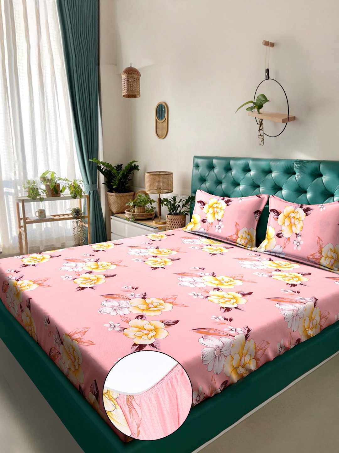 Pink Floral  300 TC Cotton Blend Fitted Double Bedsheet in Book Fold Packing