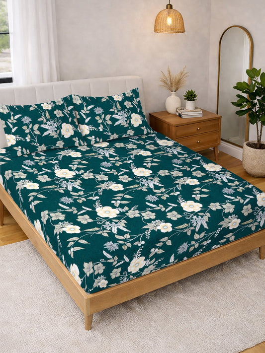 Green Floral Cotton Blend Double Bedsheet with 2 Pillow Covers