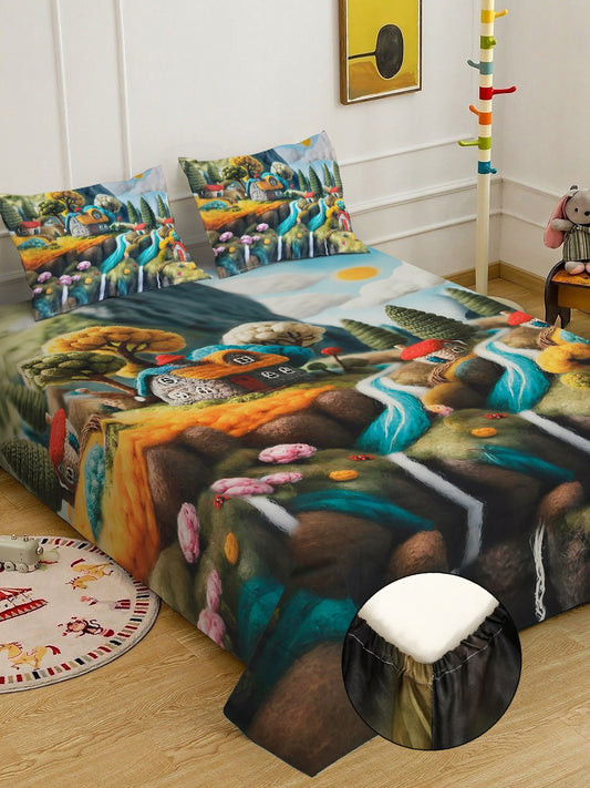 Multi 7D Cartoon Characters Printed Fitted Cotton Blend Double Bedsheet with 2 Pillow Covers