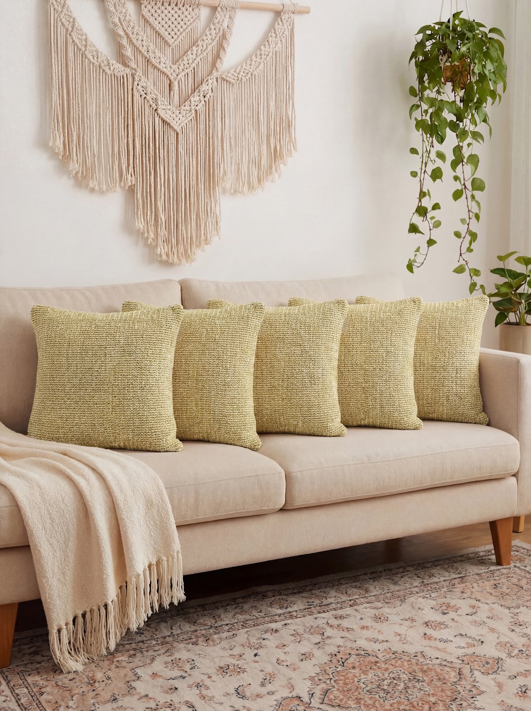 Yellow Set of 5 Self Design Pure Cotton Cushion Covers (40X40 cm)