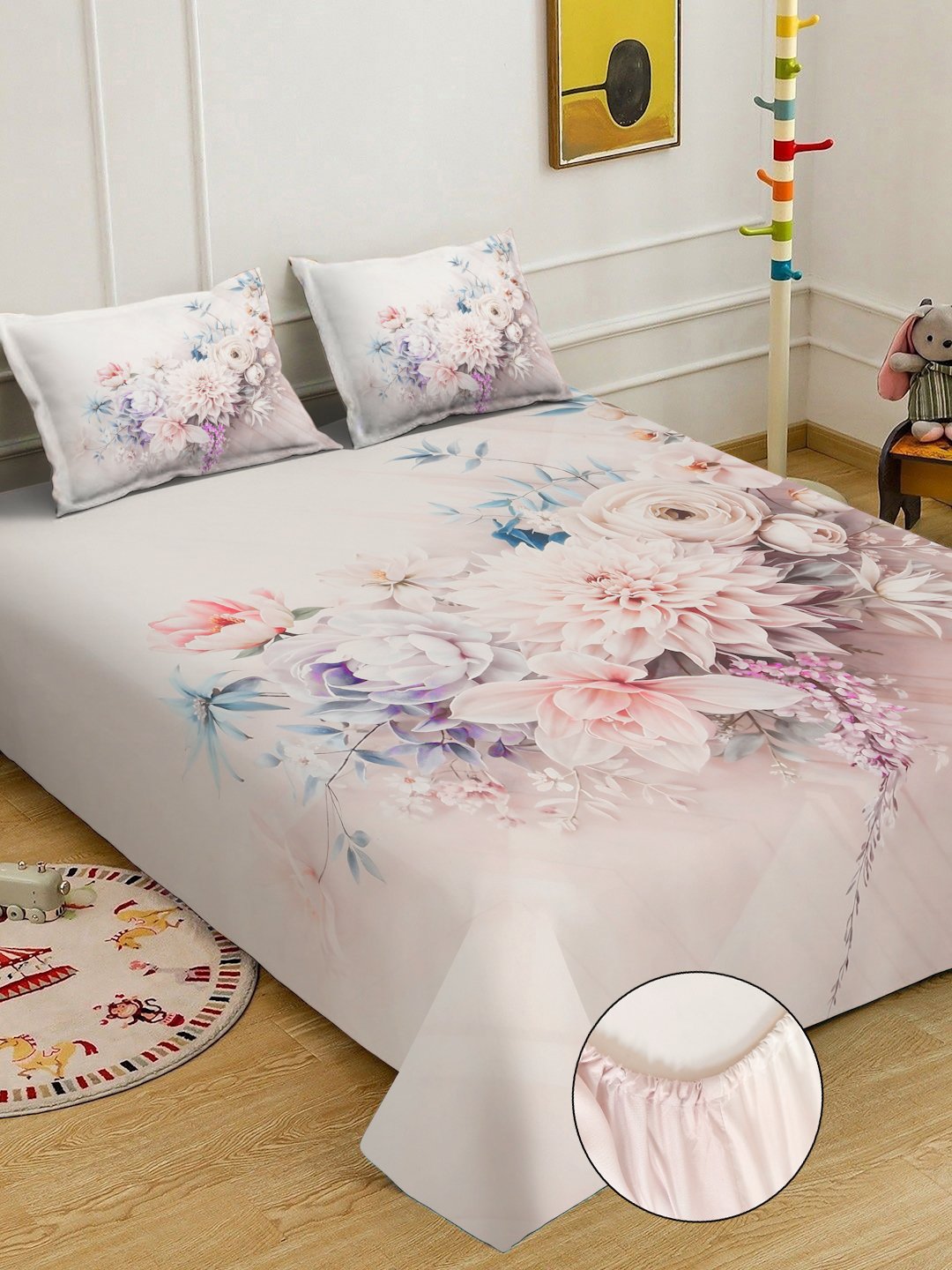 Multi Digital Floral Printed Cotton Blend Fitted Double Bedsheet with 2 Pillow Covers