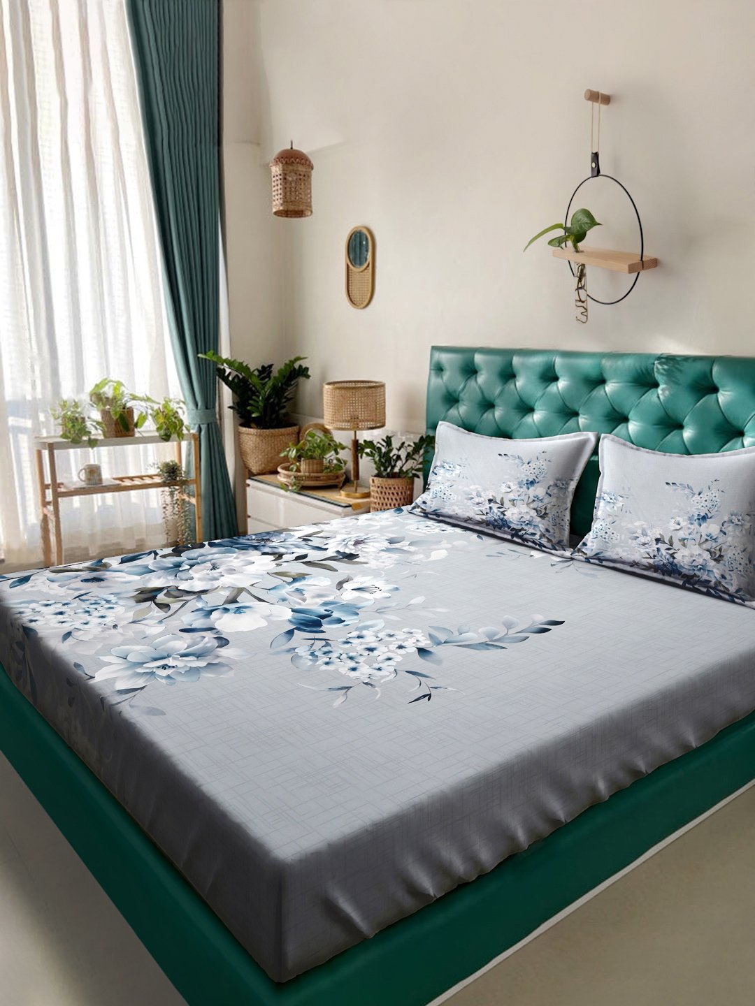 Grey Digital Floral Printed Cotton Blend Double Bedsheet with 2 Pillow Covers