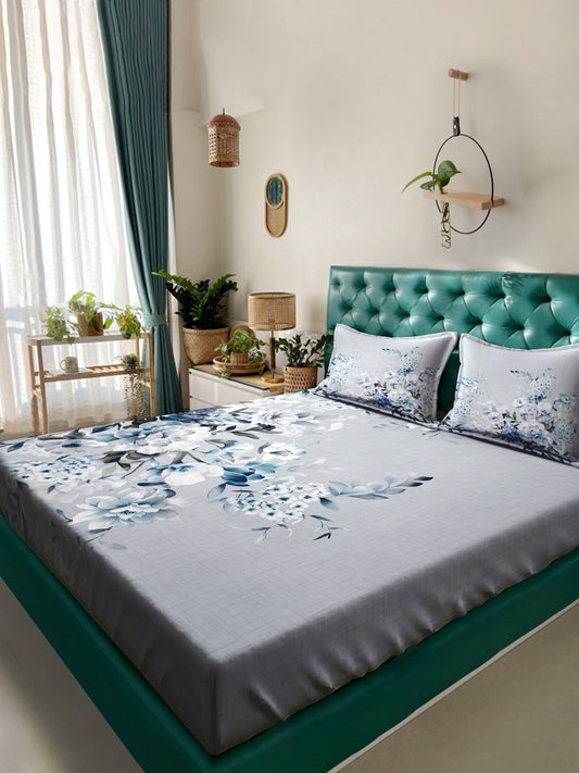 Grey Digital Floral Printed Cotton Blend Double Bedsheet with 2 Pillow Covers