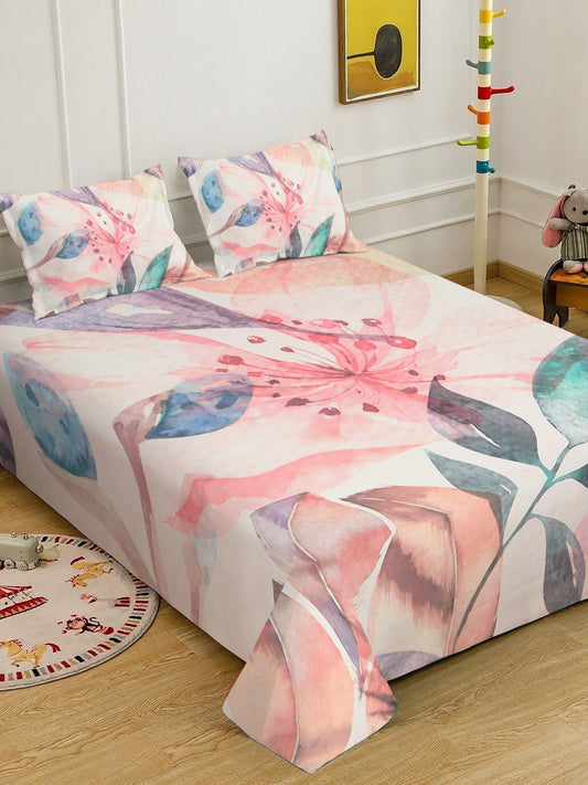 White 7D Floral Printed Cotton Blend Double Bedsheet with 2 Pillow Covers