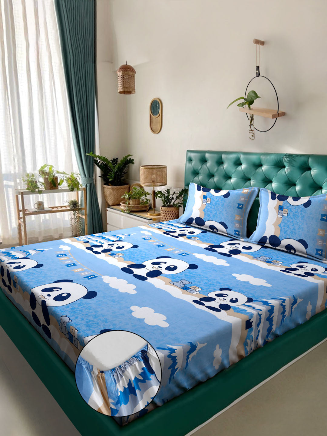 Klotthe SkyBlue Cartoon Characters 400 TC Pure Cotton Fitted Double Bedsheet with 2 Pillow Covers