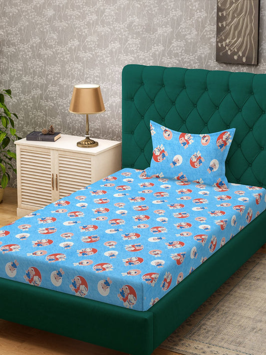Blue Cartoon Characters 400 TC Pure Cotton Single Bedsheet with Pillow Cover