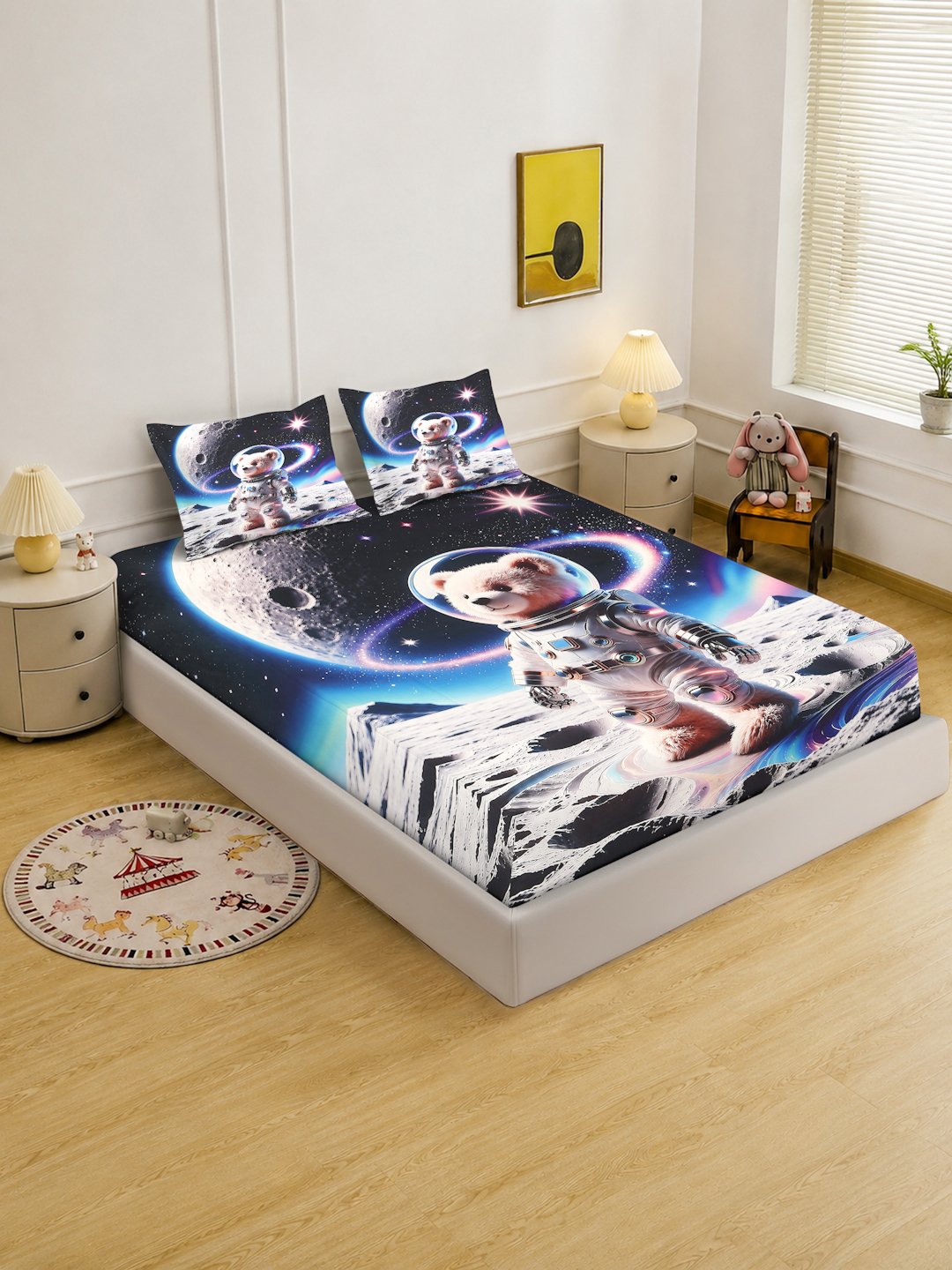 Digital Printed Multi Cartoon Characters Cotton Blend Double Bedsheet with 2 Pillow Covers