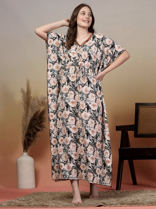 Black Floral Cotton Blend Kaftan Maxi Nightdress