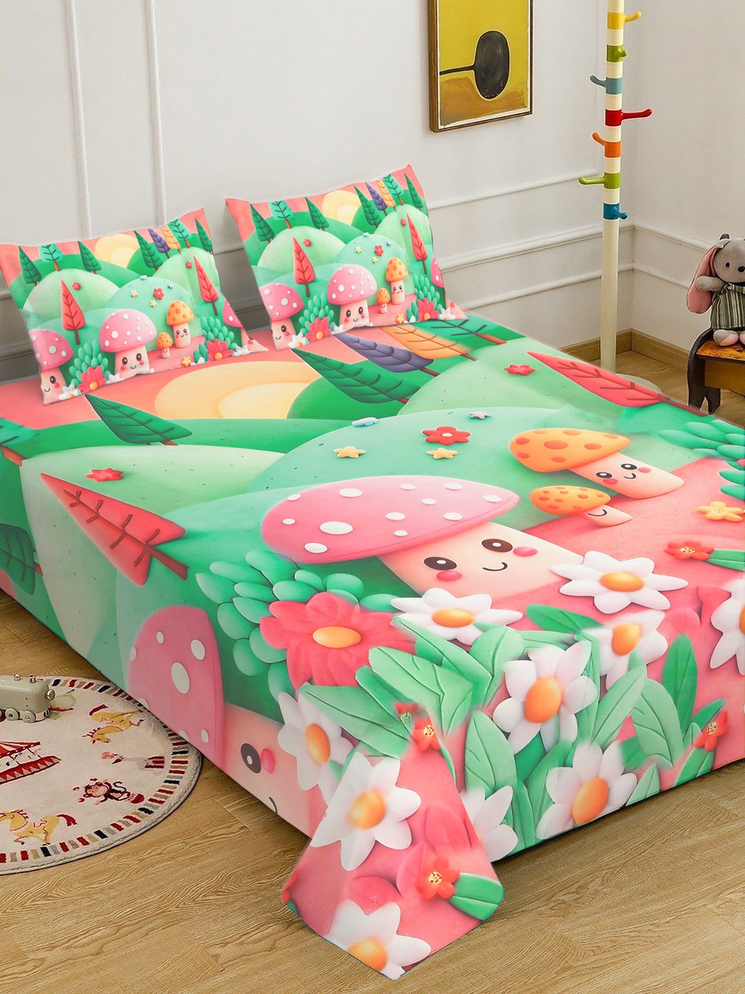 Green 7D Cartoon Characters Printed Cotton Blend Double Bedsheet with 2 Pillow Covers