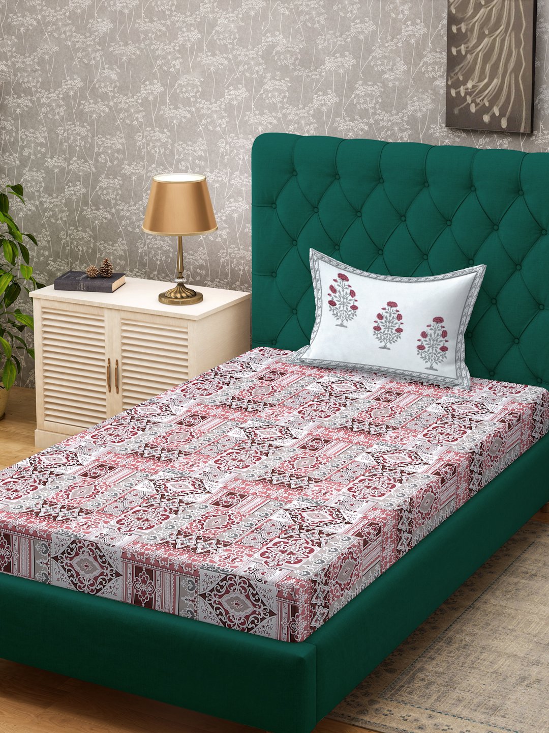 Red Ethnic Motifs 400 TC Pure Cotton Single Bedsheet with Pillow Cover