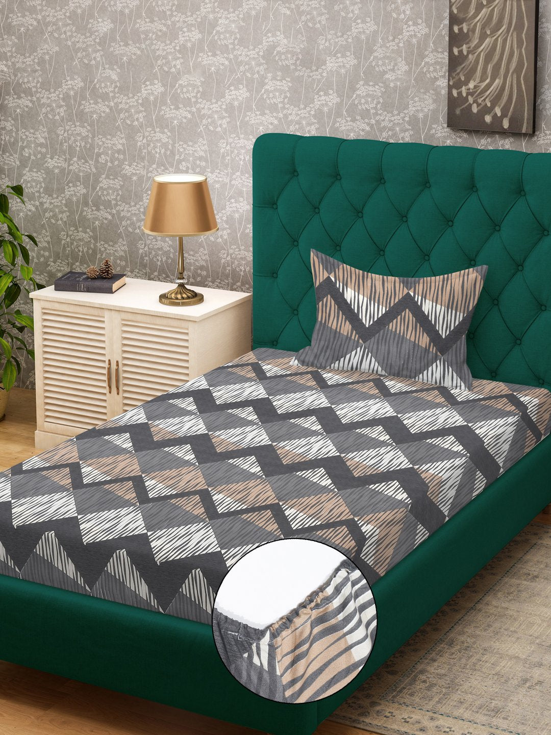 Grey Geometric 300 TC Cotton Blend Fitted Single Bedsheet in Book Fold Packing