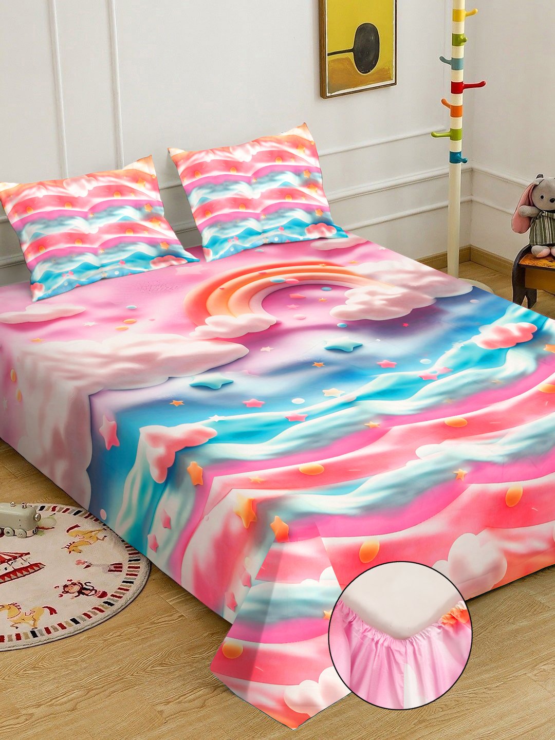 Multi 7D Cartoon Characters Printed Fitted Cotton Blend Double Bedsheet with 2 Pillow Covers