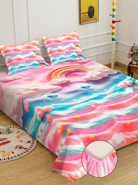 Multi 7D Cartoon Characters Printed Fitted Cotton Blend Double Bedsheet with 2 Pillow Covers