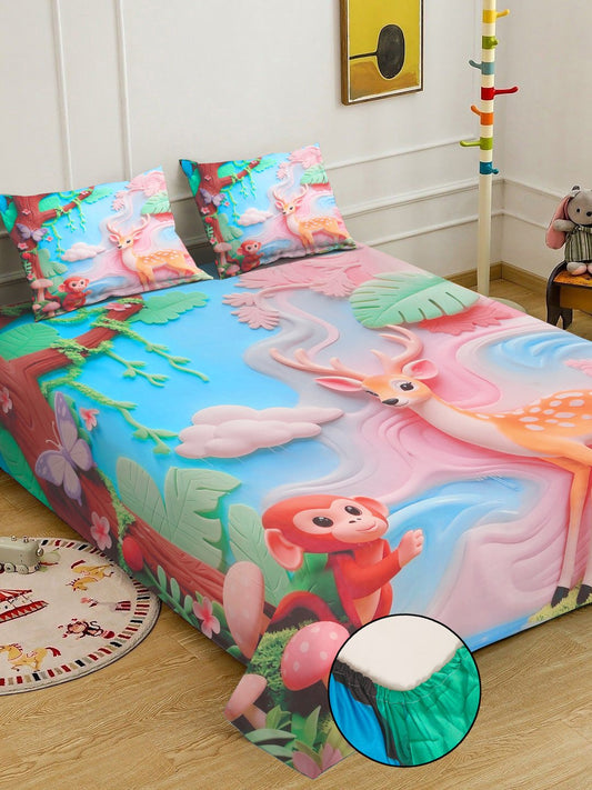 Multi Digital Animal Printed Cotton Blend Fitted Double Bedsheet with 2 Pillow Covers
