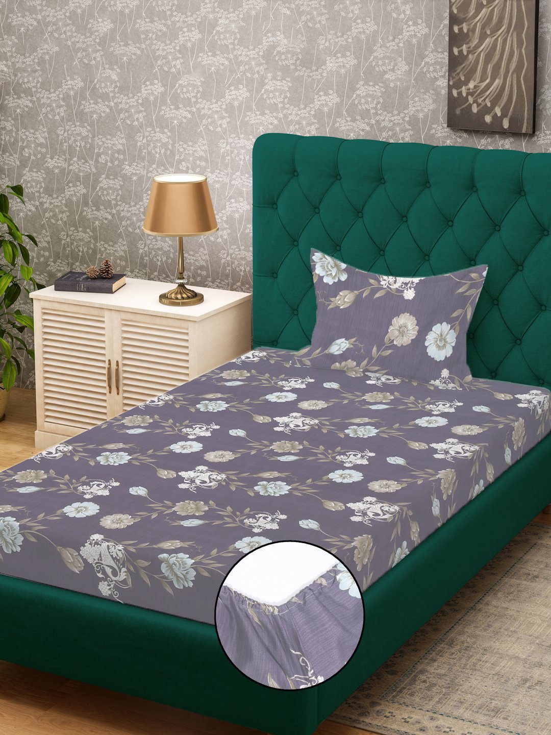 Multi Floral 300 TC Cotton Blend Fitted Single Bedsheet Set in Book Fold Packing