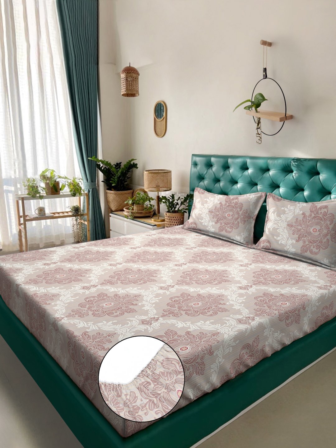 Multi Ethnic Motifs  300 TC Cotton Blend Fitted Double Bedsheet in Book Fold Packing