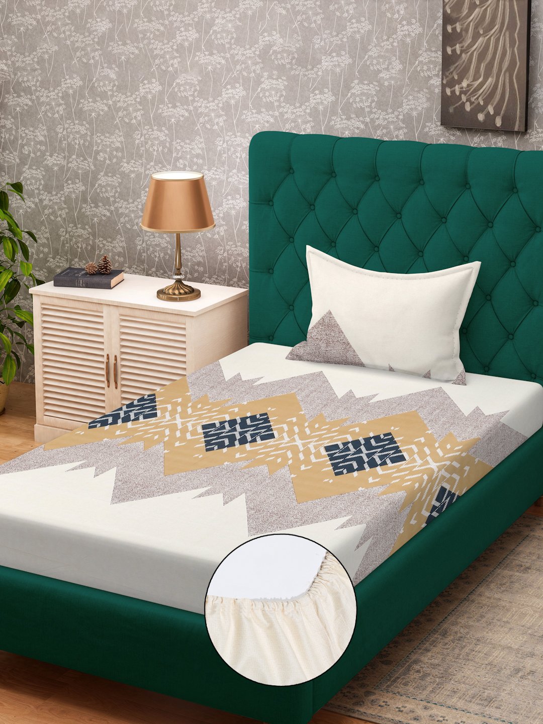 Multi Geometric 300 TC Cotton Blend Fitted Single Bedsheet with Pillow Cover