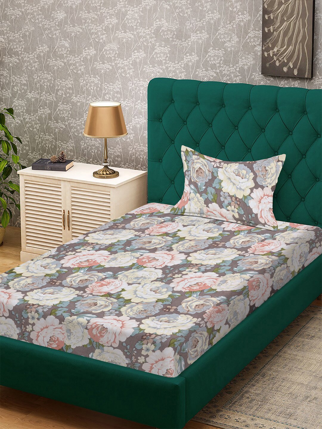 Multi Floral 300 TC Cotton Blend Fitted Single Bedsheet with Pillow Cover