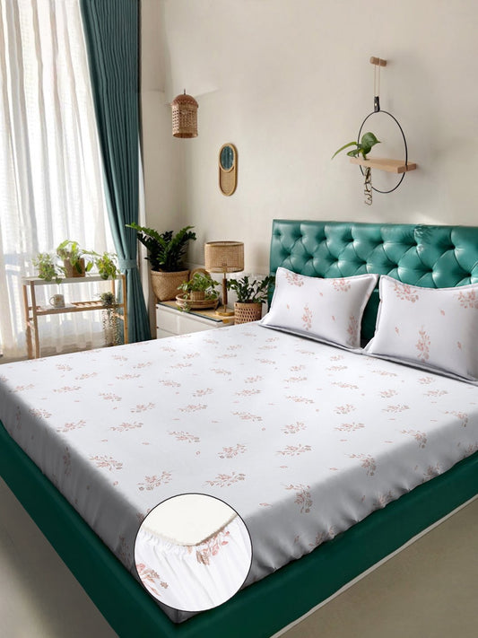 White Floral 400 TC Pure Cotton Super King Double Bedsheet with 2 Pillow Covers