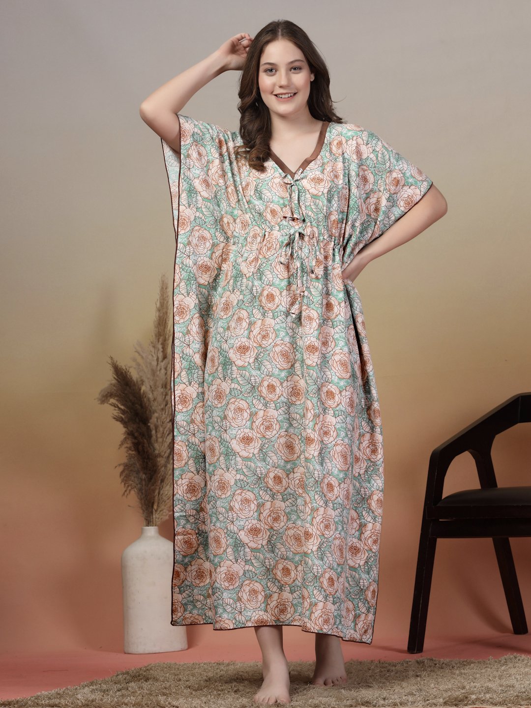 Green Floral Cotton Blend Kaftan Maxi Nightdress