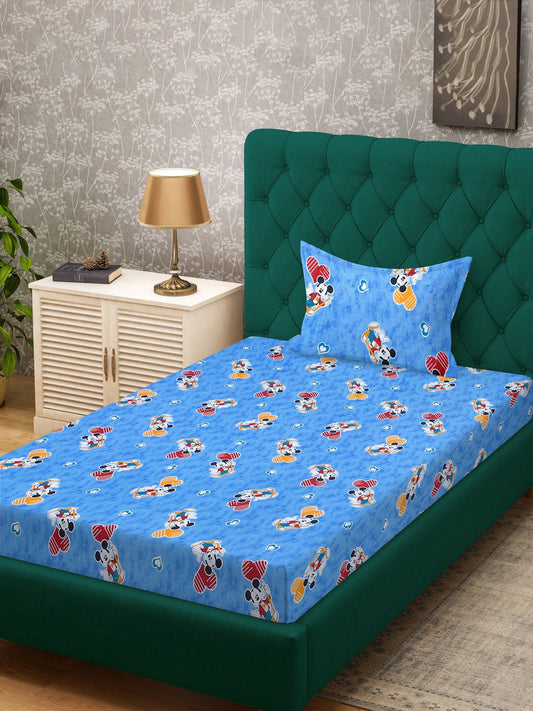 Blue Cartoon Characters 400 TC Pure Cotton Single Bedsheet with Pillow Cover