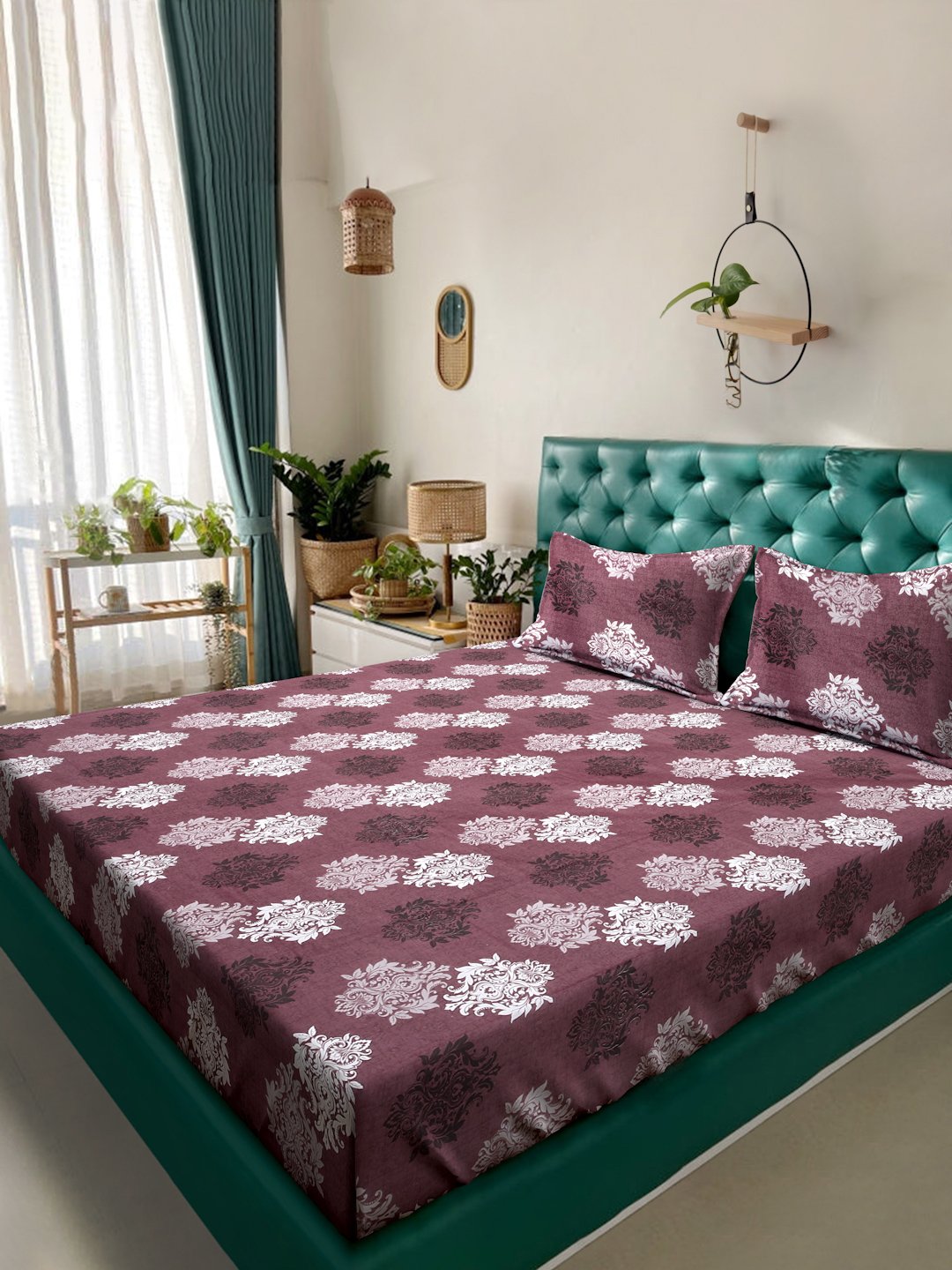 Maroon Floral 400 TC Pure Cotton Double Bedsheet with 2 Pillow Covers