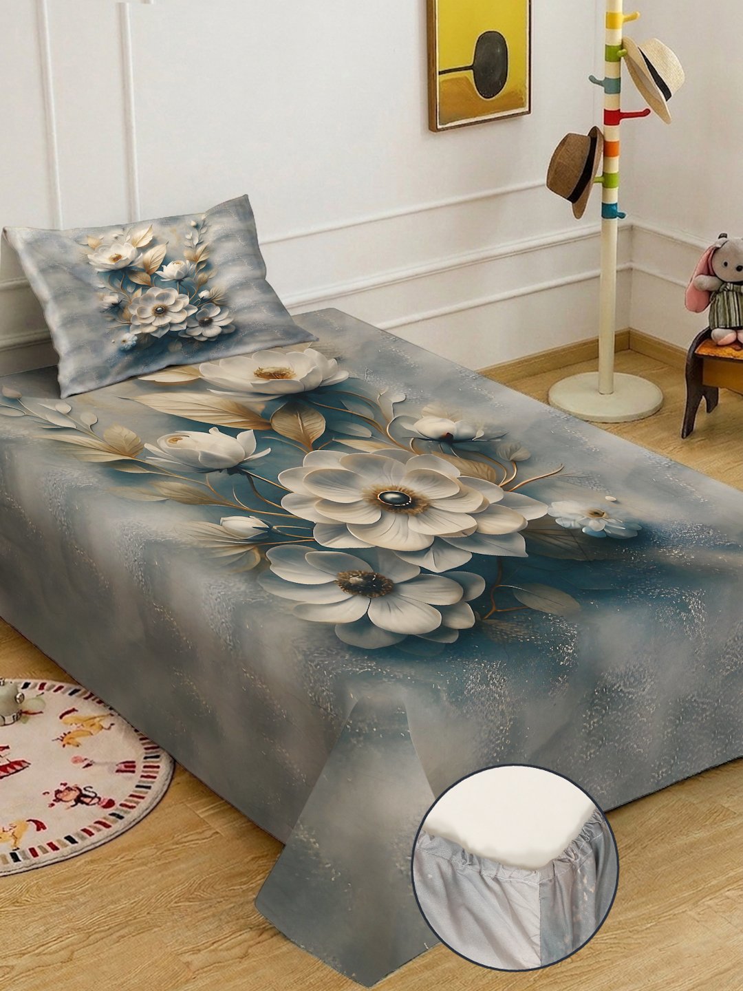Multi Digital Floral Printed Cotton Blend Fitted Single Bedsheet with Pillow Cover