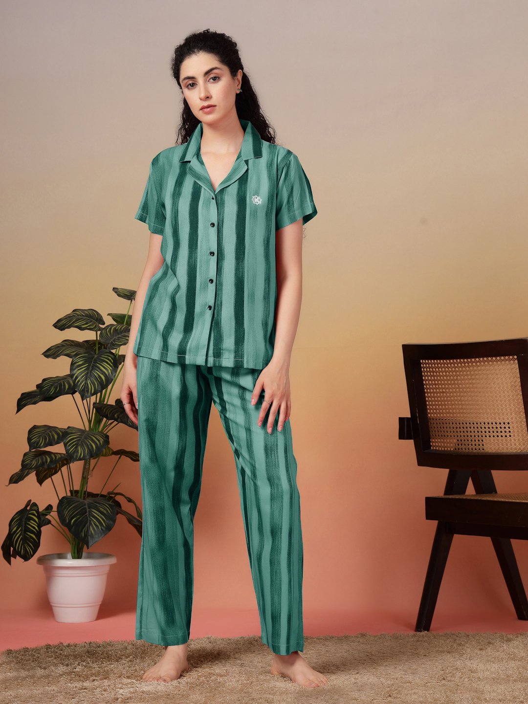 Women Green Striped Pure Cotton Night Suit