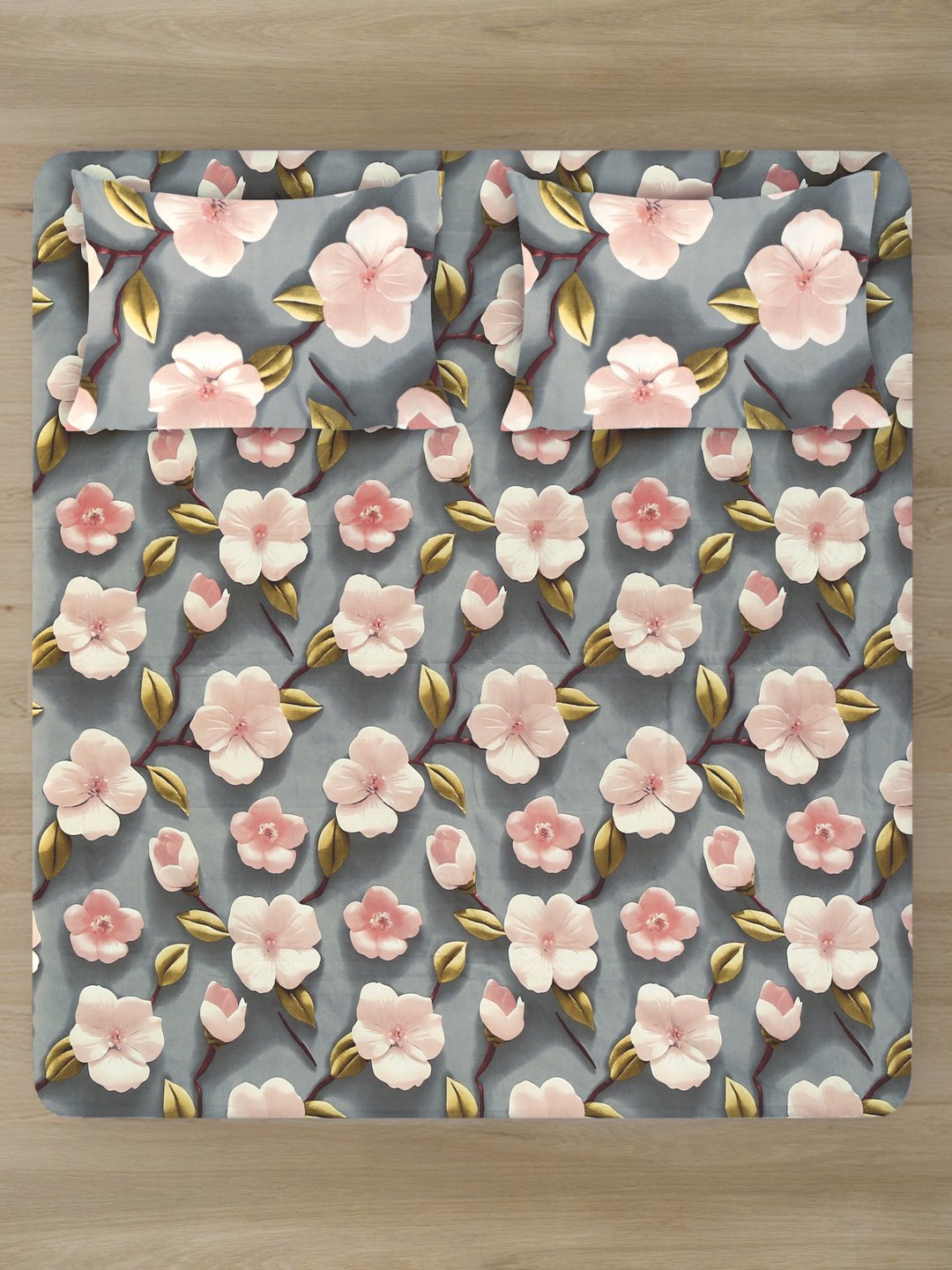 Grey Floral 7D King Size Cotton Blend Fitted Double Bedsheet with 2 Pillow Covers