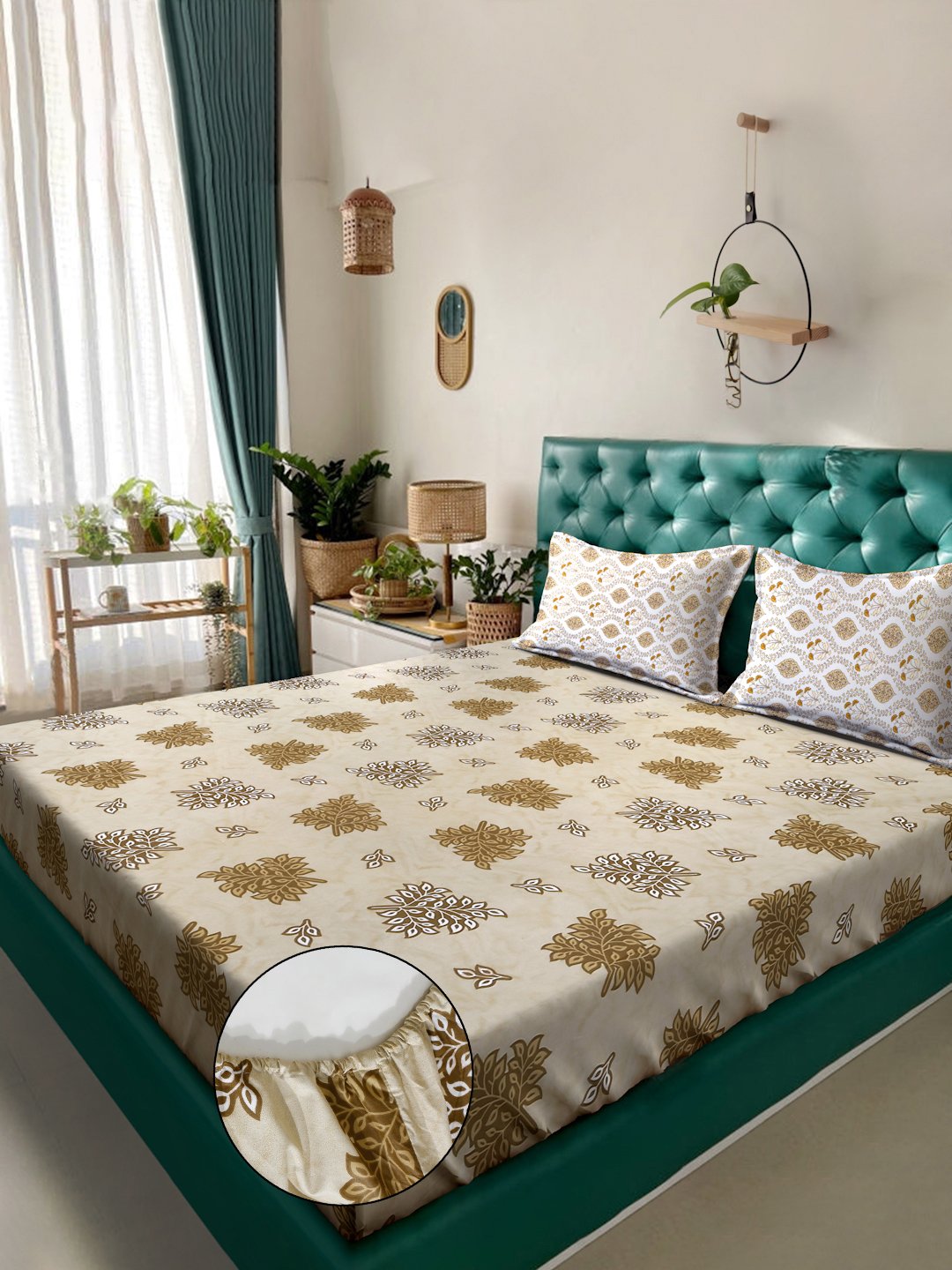Yellow Floral 400 TC Pure Cotton Fitted Double Bedsheet with 2 Pillow Covers