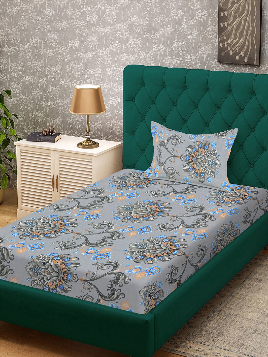 Grey Floral 300 TC Cotton Blend Fitted Single Bedsheet with Pillow Cover