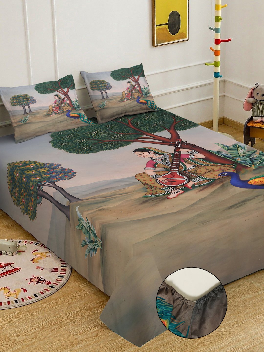 Multi Digital Ethnic Motifs Printed Cotton Blend Fitted Double Bedsheet with 2 Pillow Covers