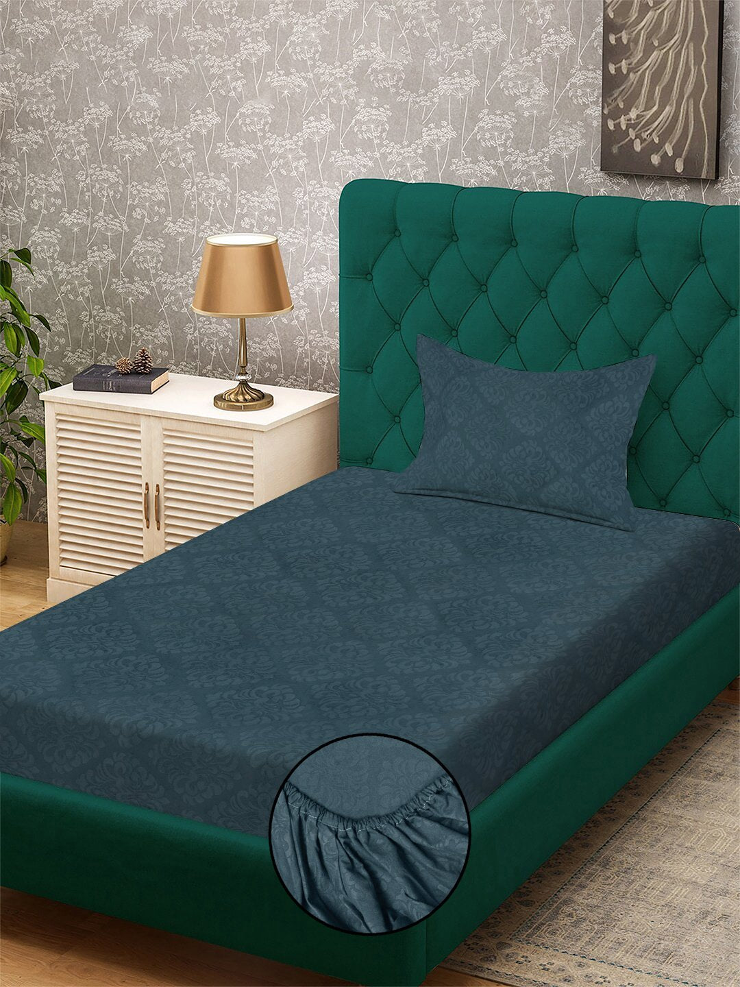 Blue Floral Embossed Cotton Blend Fitted Fitted Single Bedsheet with Pillow Cover