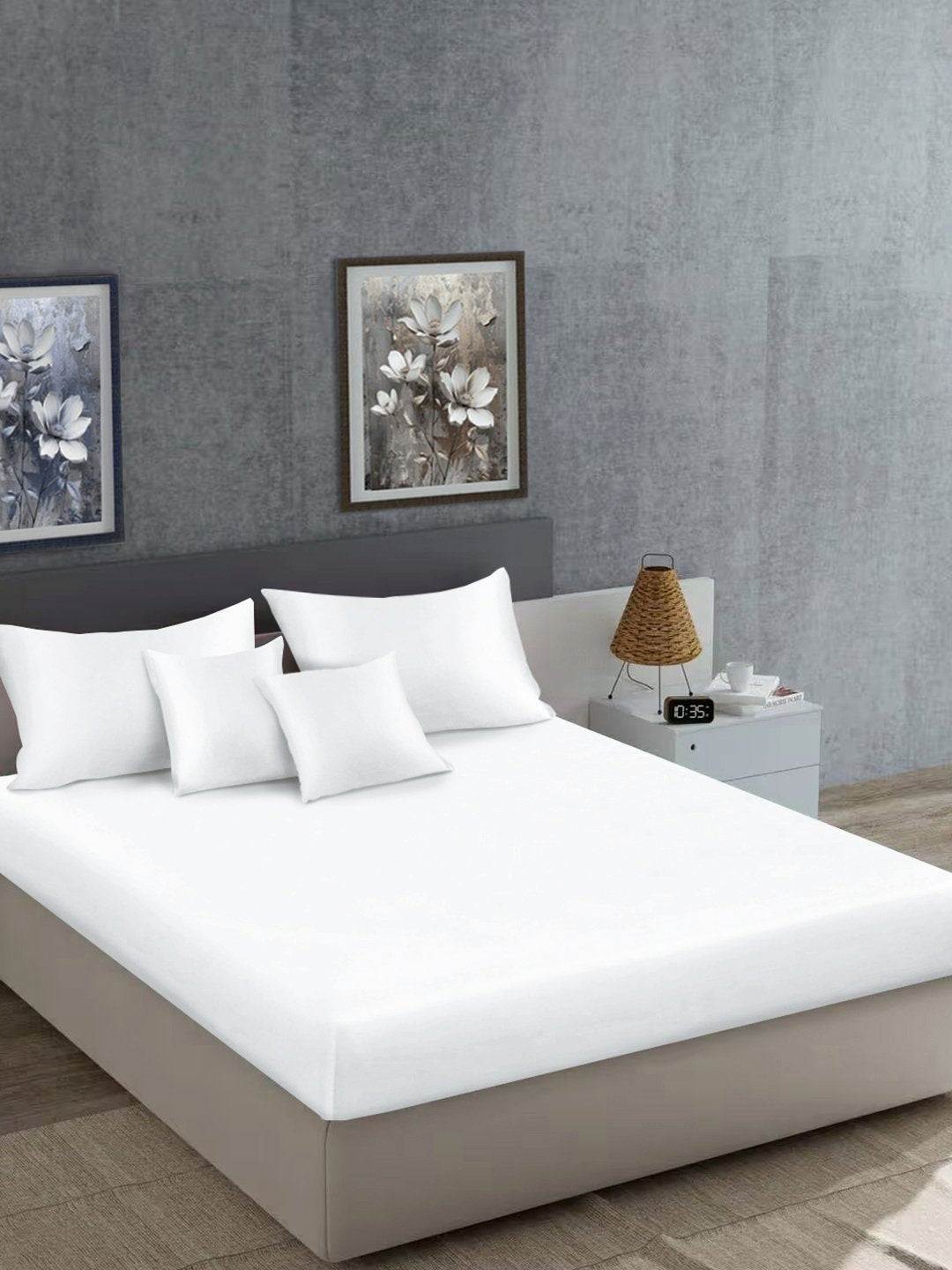 White Solid 400 TC Satin Super King Double Bedsheet with 2 Pillow Covers & 2 Cushion Covers