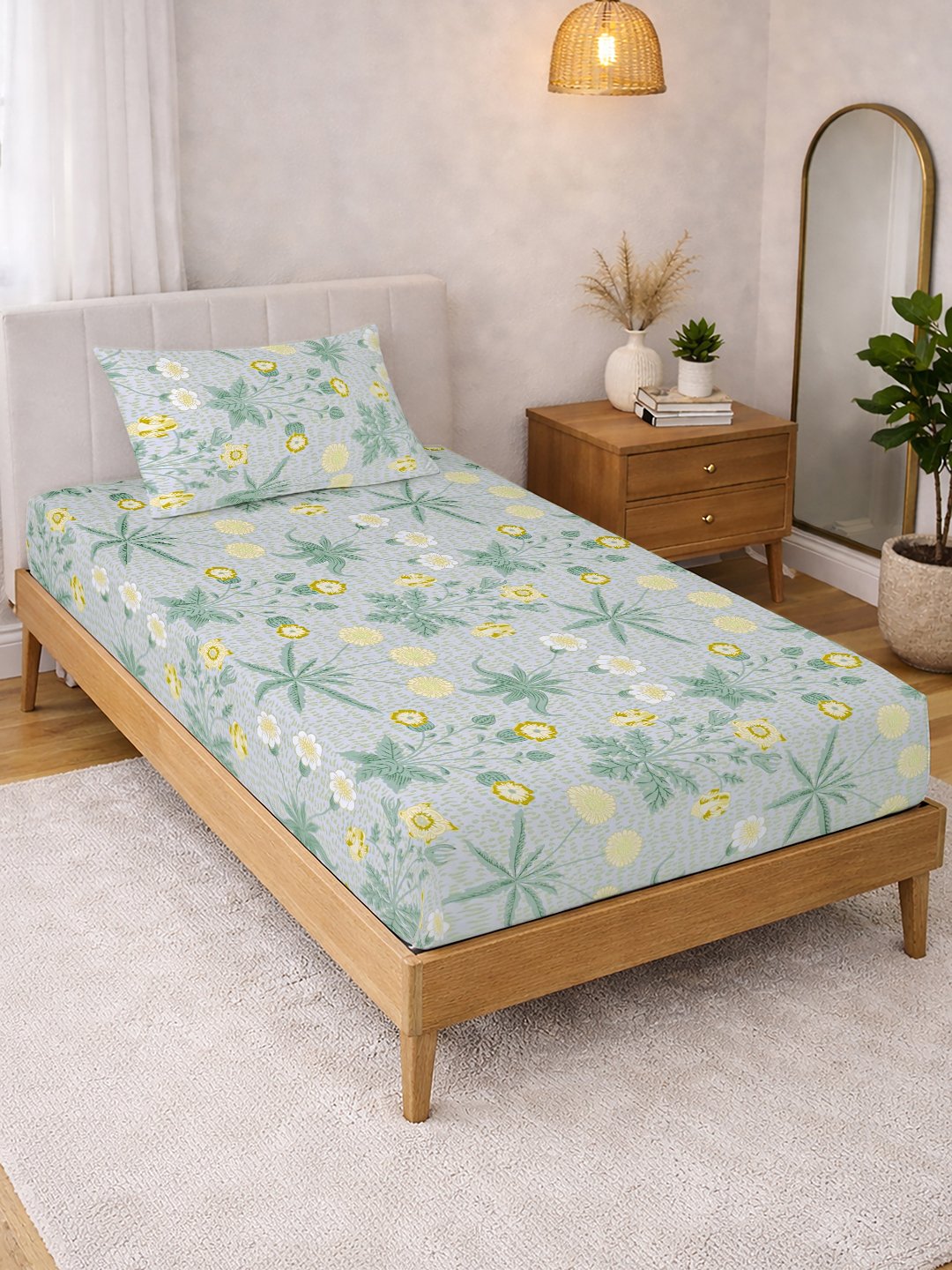Green Floral Cotton Blend Single Bedsheet with Pillow Cover