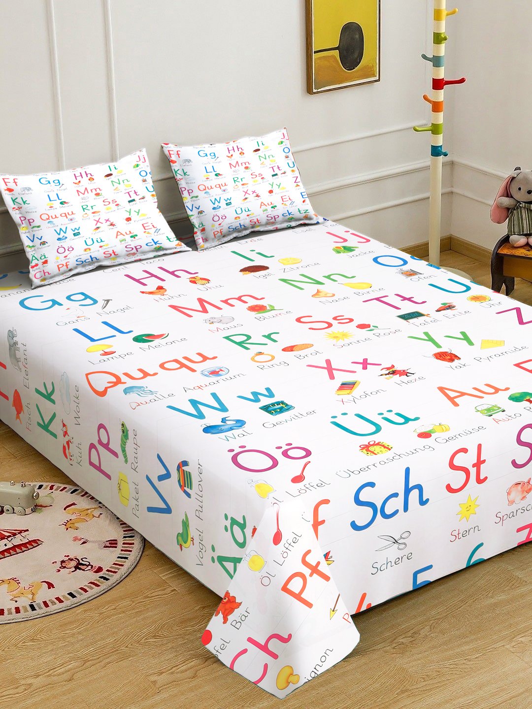 White Digital Cartoon Characters Printed Cotton Blend Double Bedsheet with 2 Pillow Covers