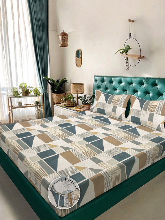 Multi Geometric 300 TC Cotton Blend Fitted Double Bedsheet with 2 Pillow Covers