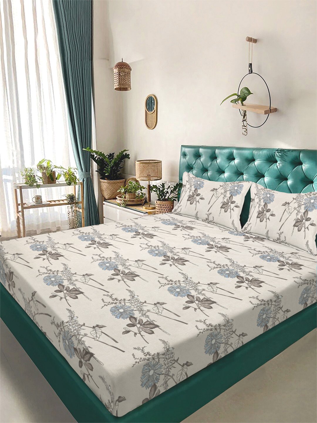 Cream Floral 300 TC Cotton Blend Double Bedsheet with 2 Pillow Covers