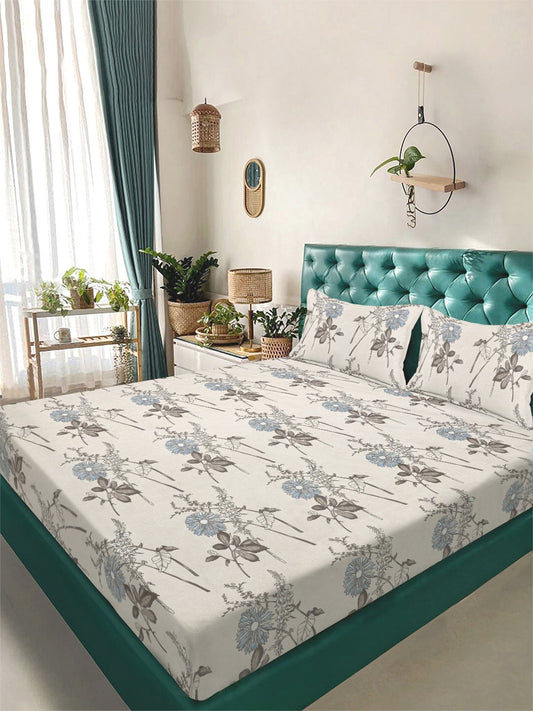 Cream Floral 300 TC Cotton Blend Double Bedsheet with 2 Pillow Covers