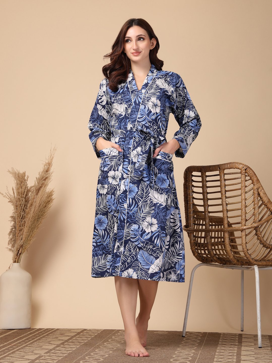 Women Printed Blue Floral Pure Cotton Bath Robe With Belt