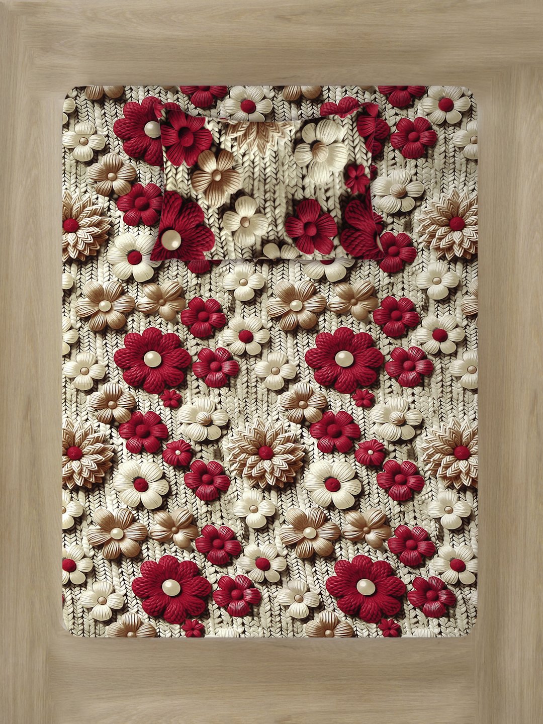 Beige Floral 7D Cotton Blend Single Bedsheet with Pillow Cover