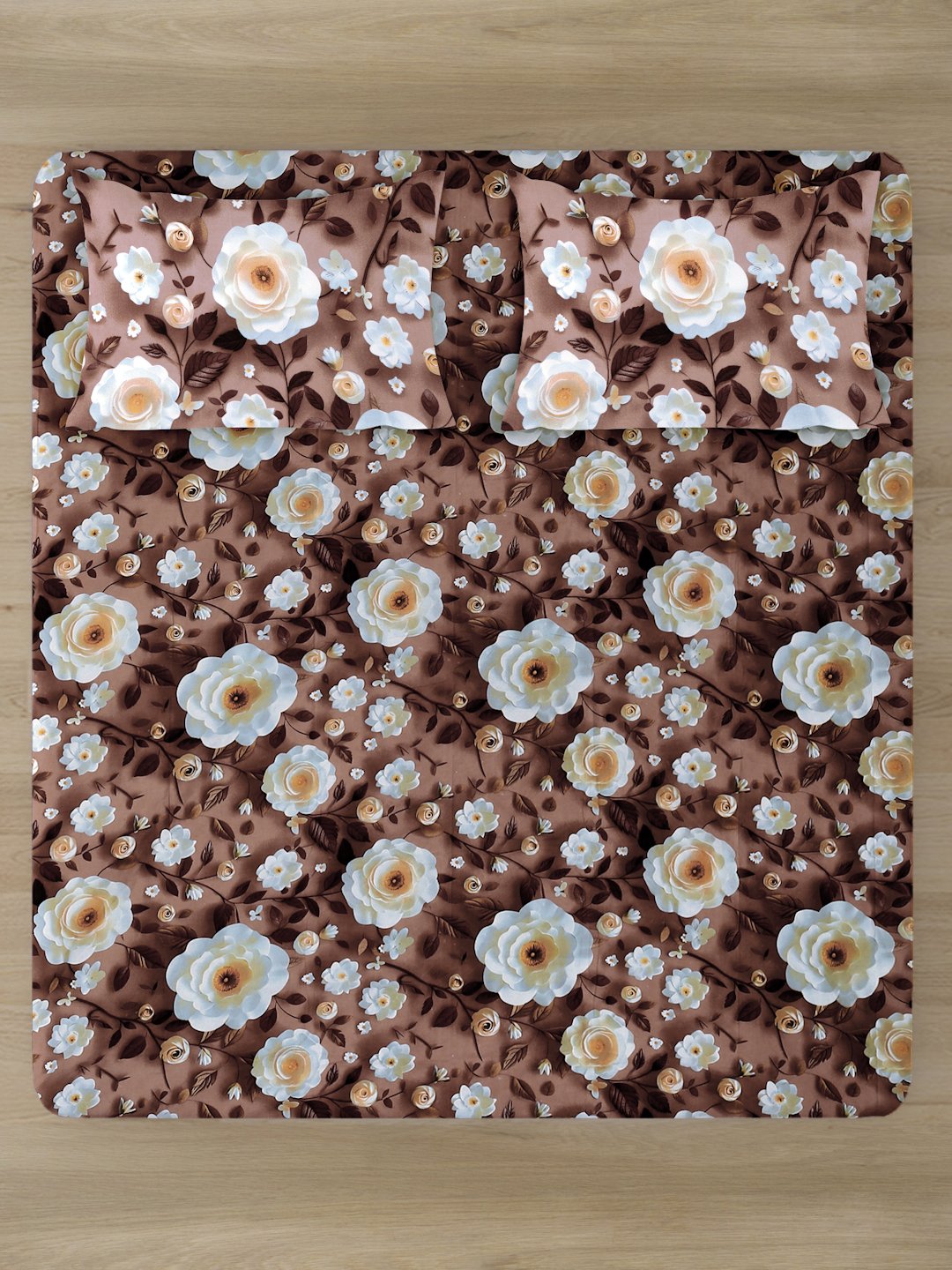 Brown Floral 7D King Size Cotton Blend Double Bedsheet with 2 Pillow Covers