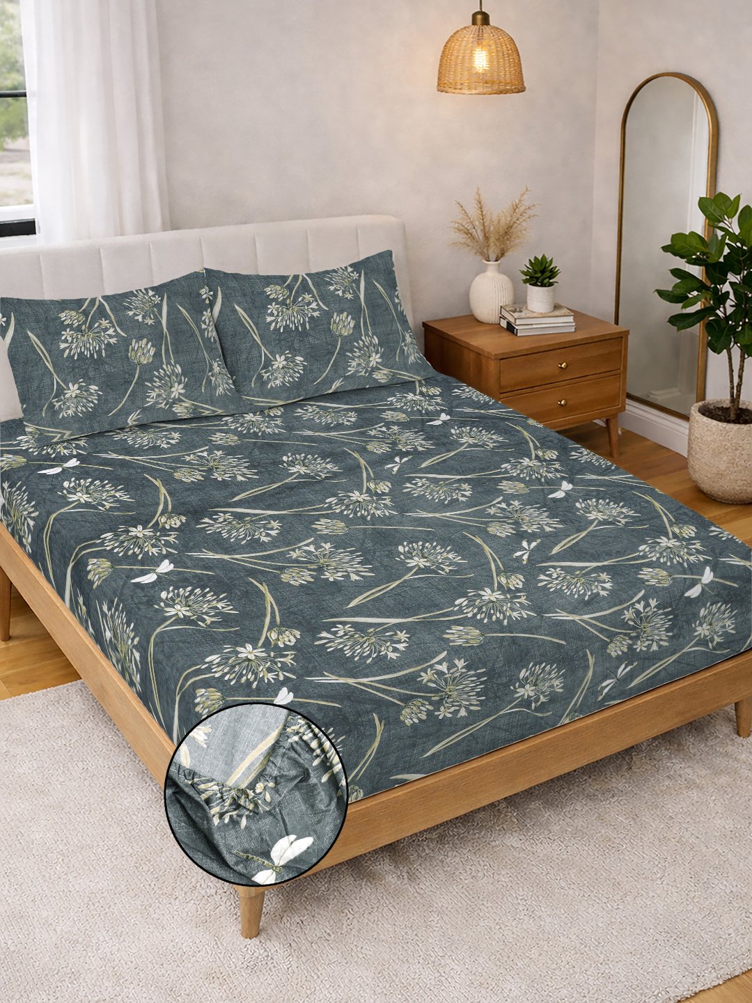 Green Floral Cotton Blend Fitted Double Bedsheet with 2 Pillow Covers