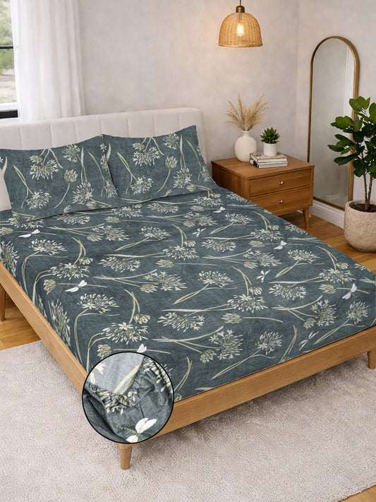 Green Floral Cotton Blend Fitted Double Bedsheet with 2 Pillow Covers