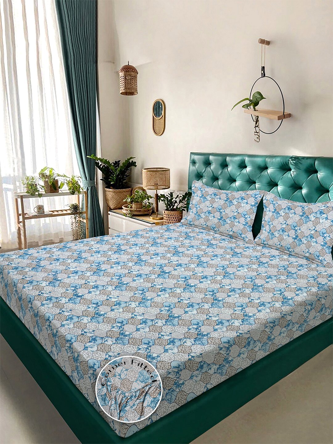 Blue Floral 300 TC Cotton Blend Fitted Double Bedsheet in Book Fold Packing