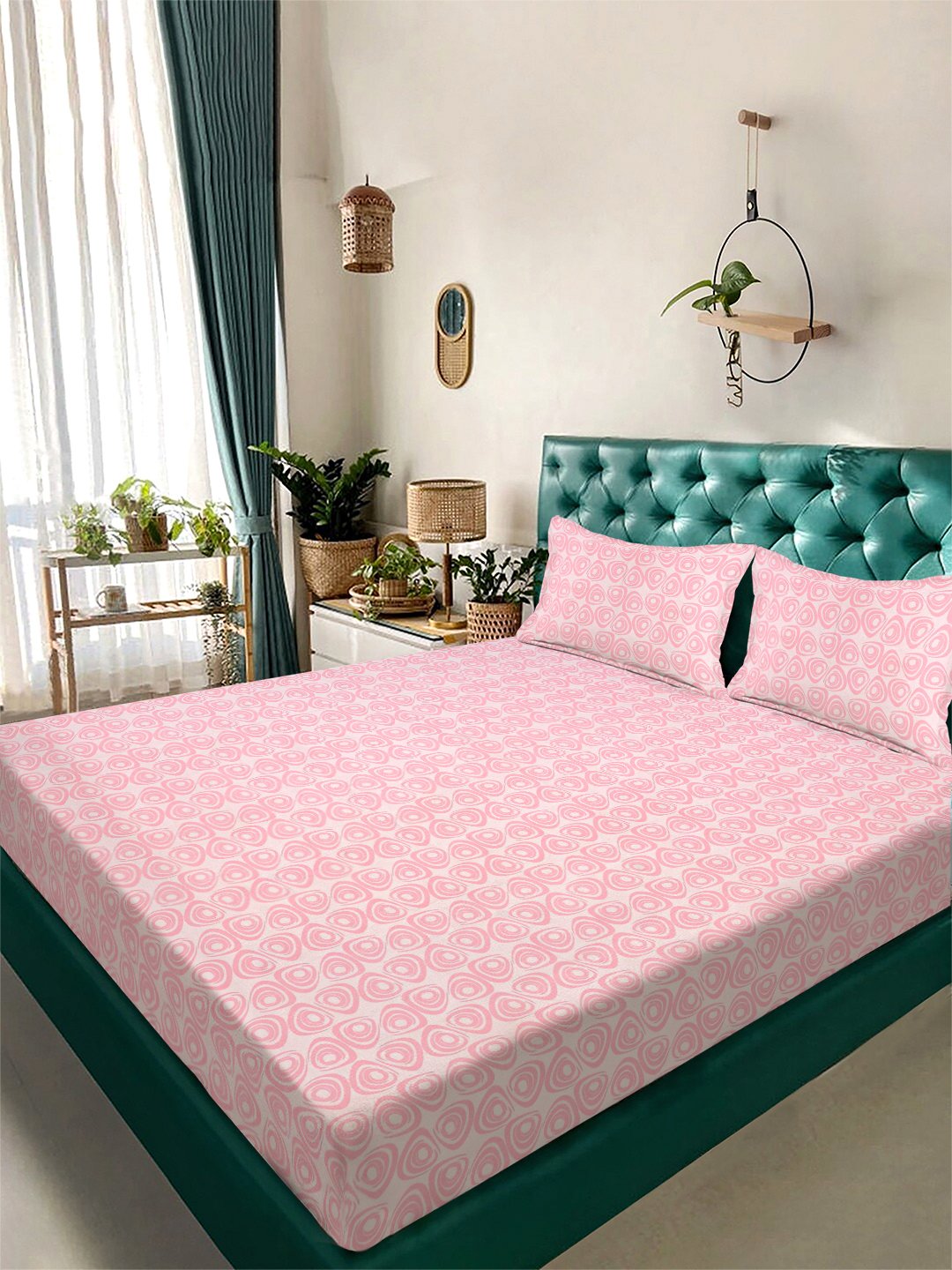 Pink Abstract 300 TC Cotton Blend Double Bedsheet with 2 Pillow Covers