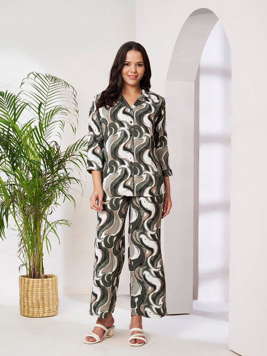 Olive Cotton Printed Shirt With Trousers Co-Ords Set