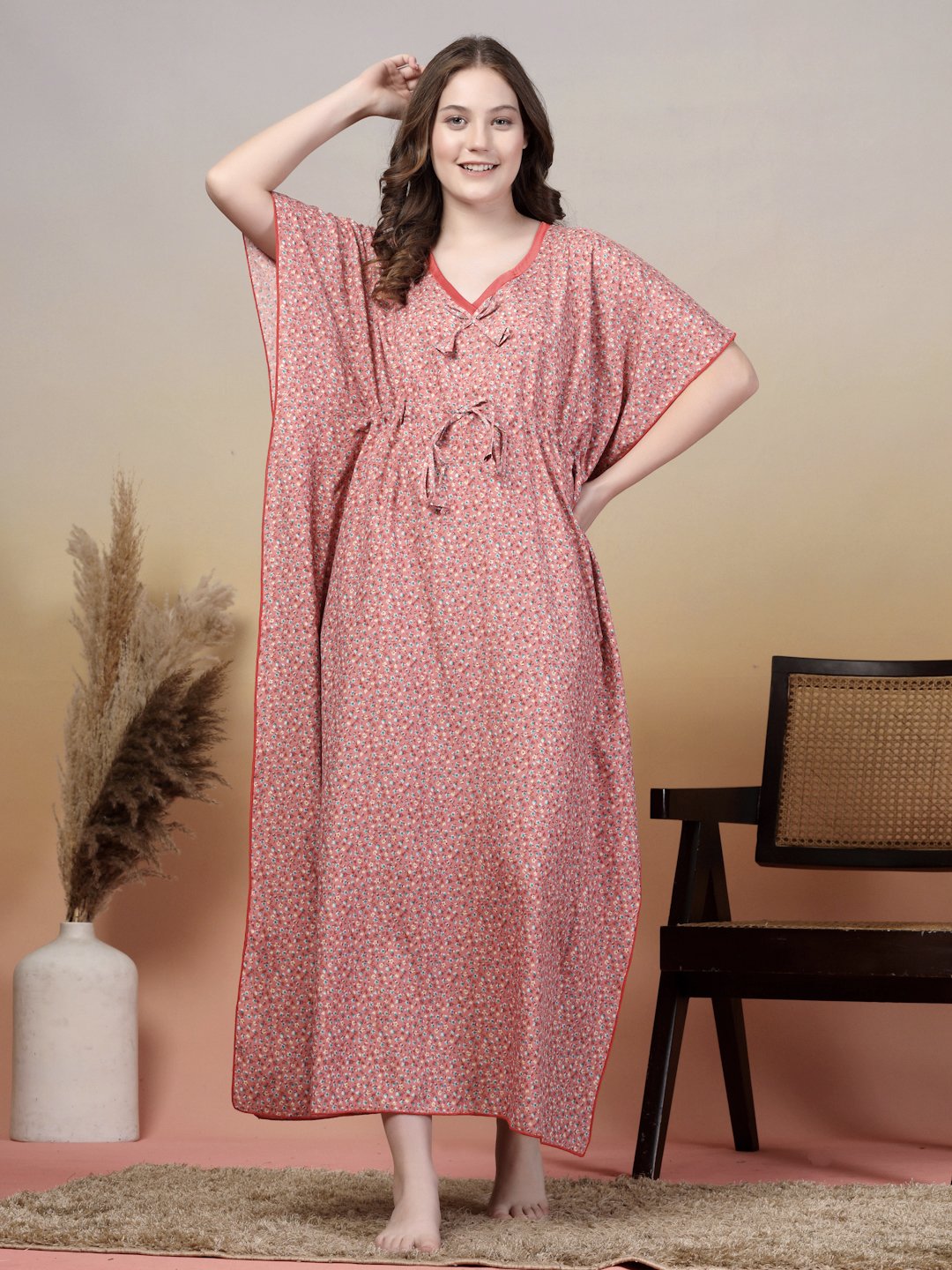 Red Floral Cotton Blend Kaftan Maxi Nightdress