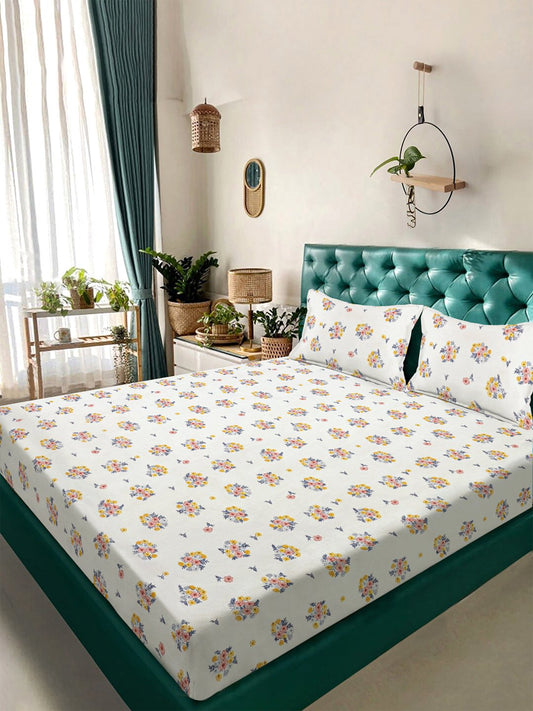 Cream Floral 300 TC Cotton Blend Double Bedsheet in Book Fold Packing